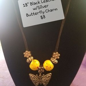 18" Handmade Black Leather Butterfly Necklace